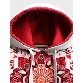 Mens Ethnic Floral Print Patchwork Kangaroo Pocket Drawstring Hoodies Winter