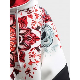 Mens Ethnic Floral Print Patchwork Kangaroo Pocket Drawstring Hoodies Winter