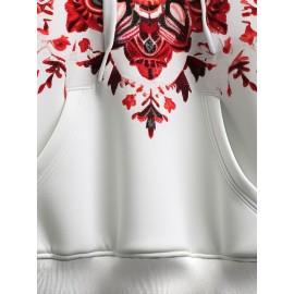 Mens Ethnic Floral Print Patchwork Kangaroo Pocket Drawstring Hoodies Winter