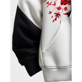 Mens Ethnic Floral Print Patchwork Kangaroo Pocket Drawstring Hoodies Winter