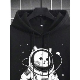 Mens Cartoon Astronaut Cat Print Kangaroo Pocket Drawstring Hoodies Winter