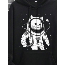 Mens Cartoon Astronaut Cat Print Kangaroo Pocket Drawstring Hoodies Winter