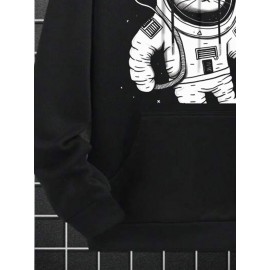 Mens Cartoon Astronaut Cat Print Kangaroo Pocket Drawstring Hoodies Winter