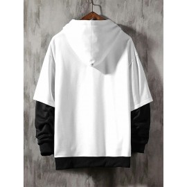 Mens Japanese Cherry Blossoms Print Contrast Patchwork Drawstring Hoodies Winter