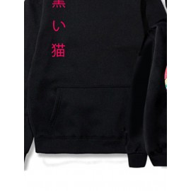 Mens Japanese Wave Cat Back Print Loose Long Sleeve Hoodies Winter