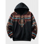 Mens Ethnic Geometric Print Kangaroo Pocket Drawstring Hoodies Winter