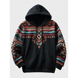 Mens Ethnic Geometric Print Kangaroo Pocket Drawstring Hoodies Winter
