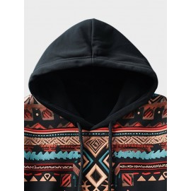 Mens Ethnic Geometric Print Kangaroo Pocket Drawstring Hoodies Winter