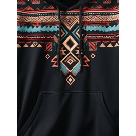 Mens Ethnic Geometric Print Kangaroo Pocket Drawstring Hoodies Winter