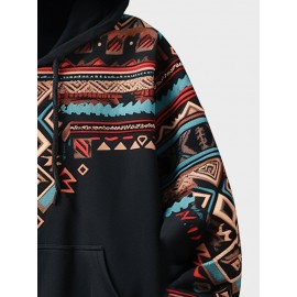 Mens Ethnic Geometric Print Kangaroo Pocket Drawstring Hoodies Winter