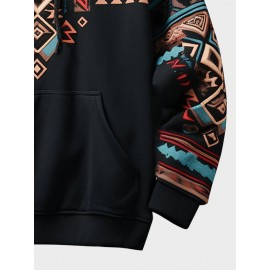 Mens Ethnic Geometric Print Kangaroo Pocket Drawstring Hoodies Winter