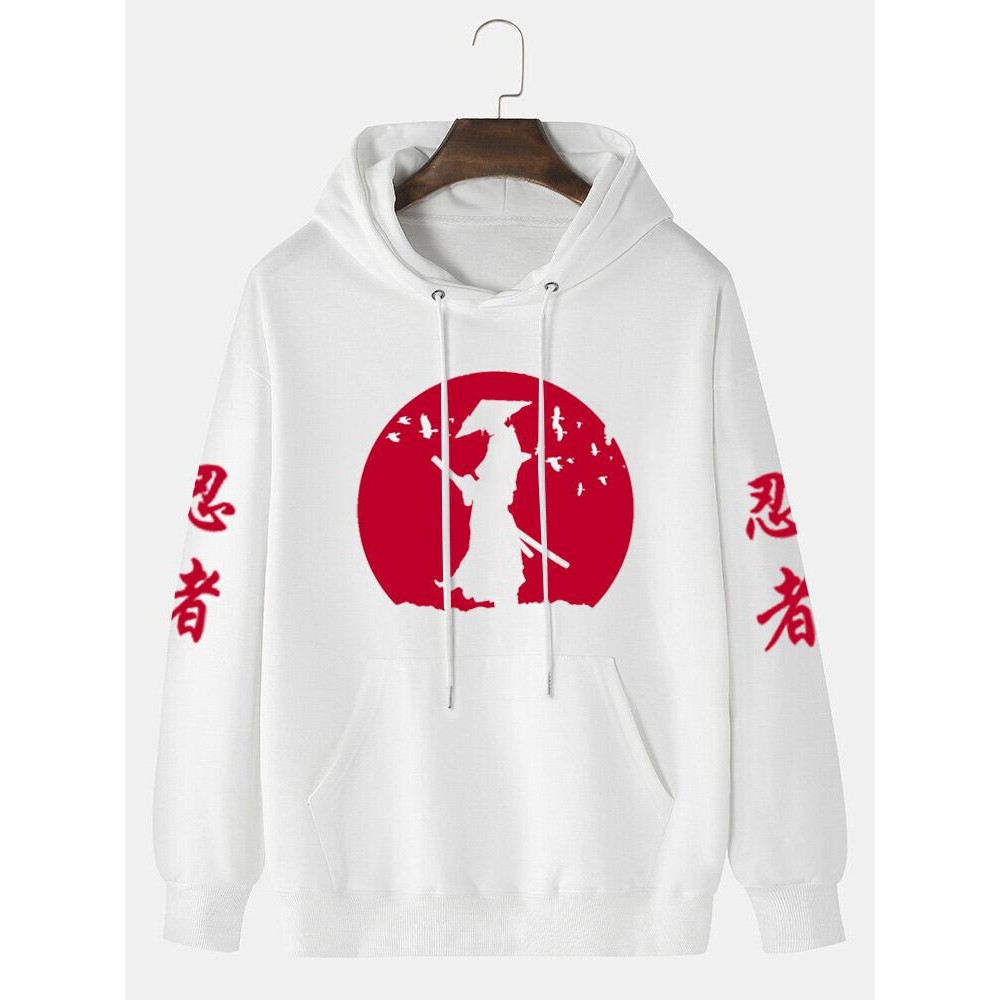 Mens Japanese Ninja Graphic Kangaroo Pocket Drawstring Hoodies Winter