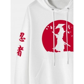 Mens Japanese Ninja Graphic Kangaroo Pocket Drawstring Hoodies Winter