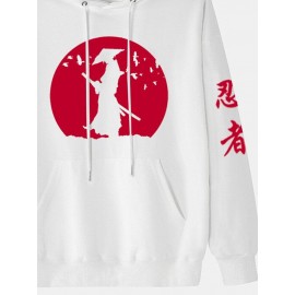Mens Japanese Ninja Graphic Kangaroo Pocket Drawstring Hoodies Winter