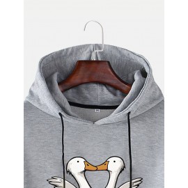 Mens Cartoon Duck Slogan Print Casual Drawstring Hoodies Winter