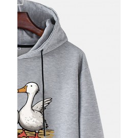 Mens Cartoon Duck Slogan Print Casual Drawstring Hoodies Winter