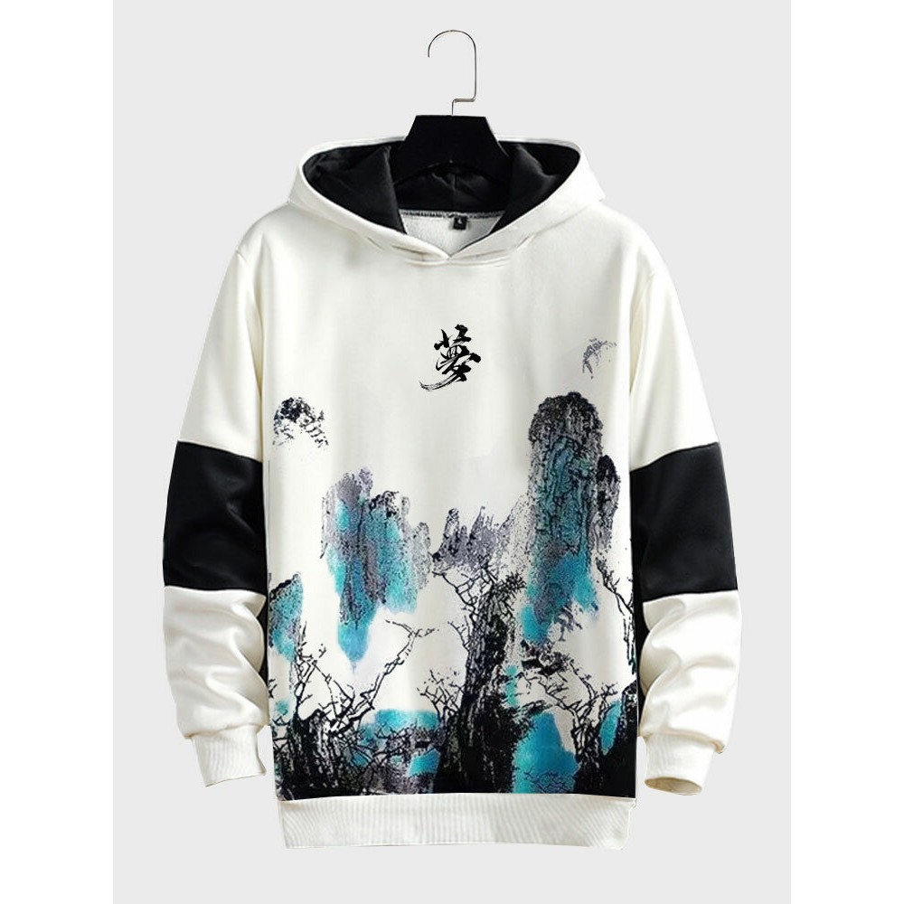 Mens Chinese Landscape Ink Painting Print Contrast Patchwork Hoodies Winter