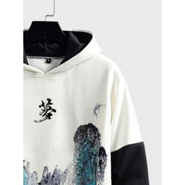 Mens Chinese Landscape Ink Painting Print Contrast Patchwork Hoodies Winter