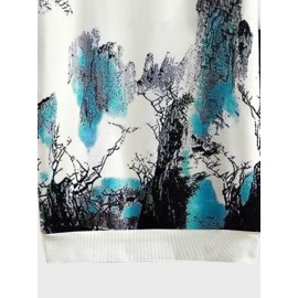 Mens Chinese Landscape Ink Painting Print Contrast Patchwork Hoodies Winter