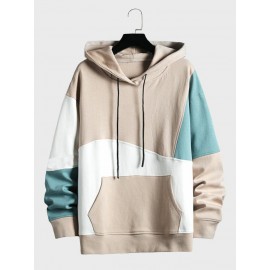 Mens Irregular Color Block Patchwork Kangaroo Pocket Drawstring Hoodies Winter