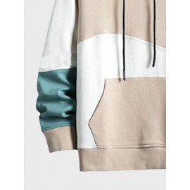 Mens Irregular Color Block Patchwork Kangaroo Pocket Drawstring Hoodies Winter