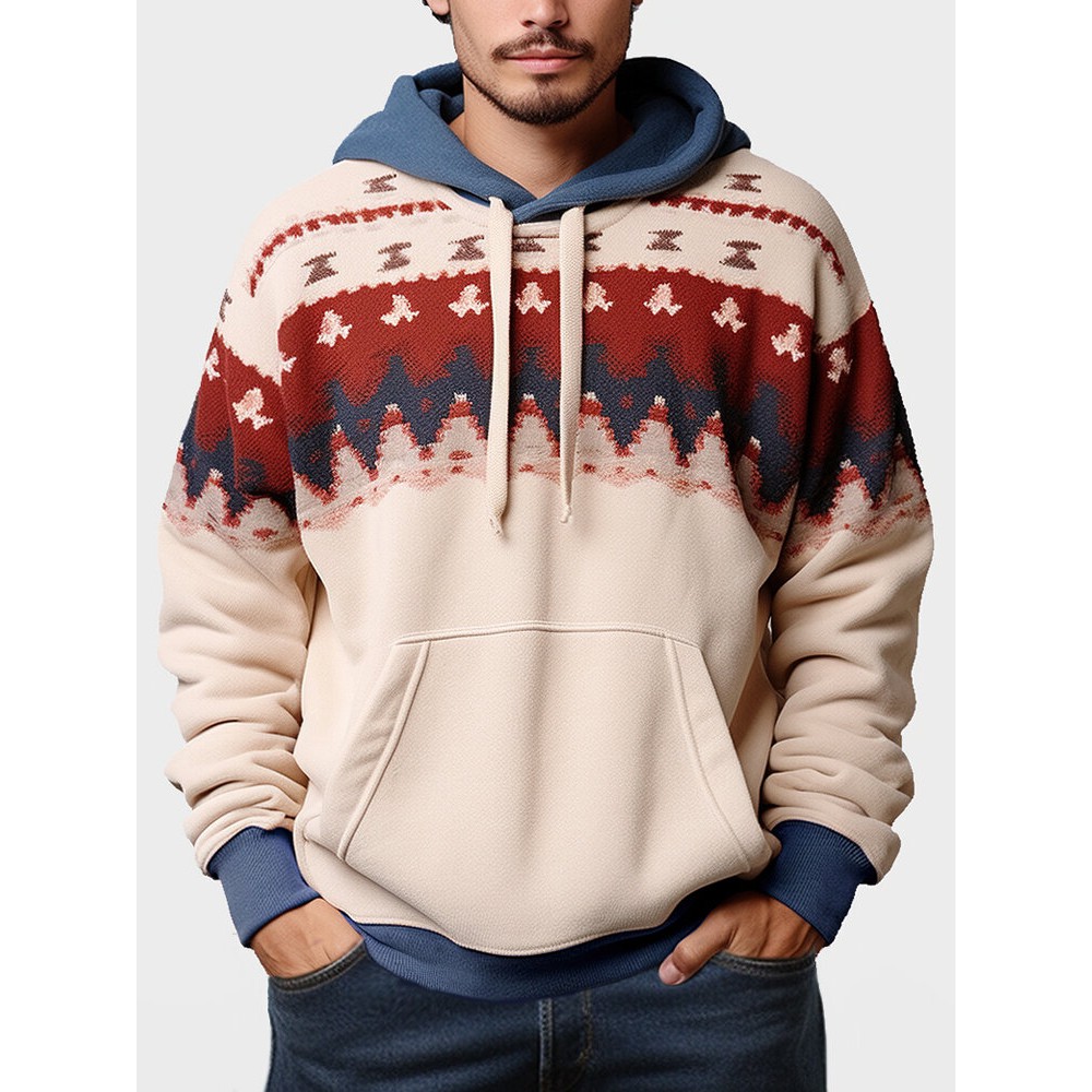 Mens Ethnic Pattern Kangaroo Pocket Contrast Drawstring Hoodies Winter