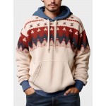 Mens Ethnic Pattern Kangaroo Pocket Contrast Drawstring Hoodies Winter