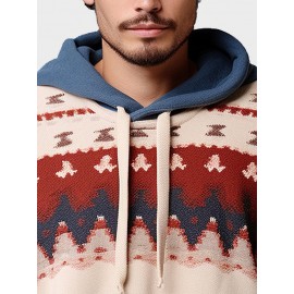 Mens Ethnic Pattern Kangaroo Pocket Contrast Drawstring Hoodies Winter