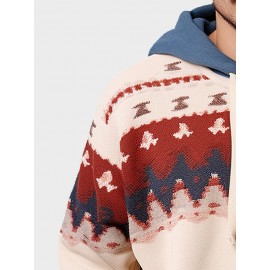 Mens Ethnic Pattern Kangaroo Pocket Contrast Drawstring Hoodies Winter
