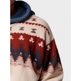 Mens Ethnic Pattern Kangaroo Pocket Contrast Drawstring Hoodies Winter