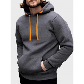 Mens Solid Kangaroo Pocket Contrast Drawstring Casual Hoodies Winter