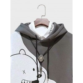 Mens Cartoon Animal Print Patchwork Casual Drawstring Hoodies Winter