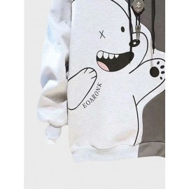 Mens Cartoon Animal Print Patchwork Casual Drawstring Hoodies Winter