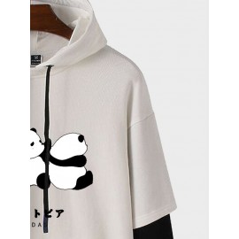Mens Cute Panda Print Contrast Patchwork Drawstring Hoodies Winter