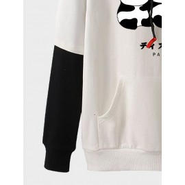 Mens Cute Panda Print Contrast Patchwork Drawstring Hoodies Winter