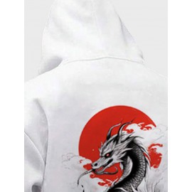 Mens Japanese Red Sun Dragon Back Print Long Sleeve Hoodies Winter