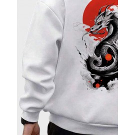 Mens Japanese Red Sun Dragon Back Print Long Sleeve Hoodies Winter