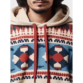 Mens Ethnic Geometric Print Kangaroo Pocket Loose Drawstring Hoodies Winter