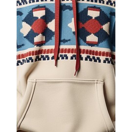 Mens Ethnic Geometric Print Kangaroo Pocket Loose Drawstring Hoodies Winter
