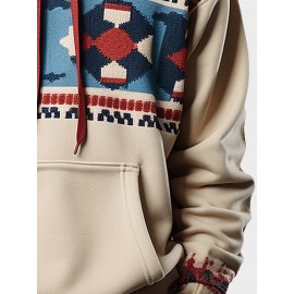 Mens Ethnic Geometric Print Kangaroo Pocket Loose Drawstring Hoodies Winter