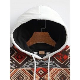 Mens Ethnic Geometric Print Patchwork Contrast Kangaroo Pocket Hoodies Winter