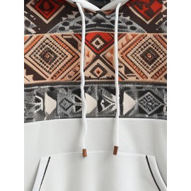 Mens Ethnic Geometric Print Patchwork Contrast Kangaroo Pocket Hoodies Winter