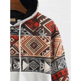 Mens Ethnic Geometric Print Patchwork Contrast Kangaroo Pocket Hoodies Winter