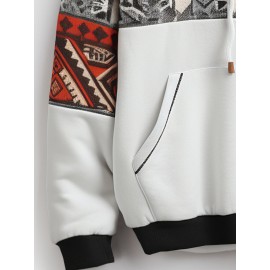 Mens Ethnic Geometric Print Patchwork Contrast Kangaroo Pocket Hoodies Winter