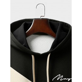 Mens Color Block Patchwork Embroidered Casual Drawstring Hoodies Winter