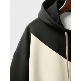 Mens Color Block Patchwork Embroidered Casual Drawstring Hoodies Winter