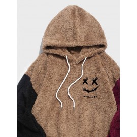Mens Smile Face Embroidered Patchwork Plush Drawstring Hoodies Winter