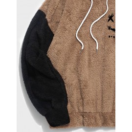 Mens Smile Face Embroidered Patchwork Plush Drawstring Hoodies Winter