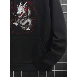 Mens Japanese Dragon Print Kangaroo Pocket Loose Drawstring Hoodies Winter