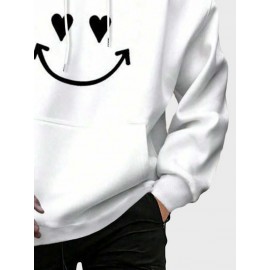 Mens Heart Smile Face Print Kangaroo Pocket Casual Drawstring Hoodies Winter